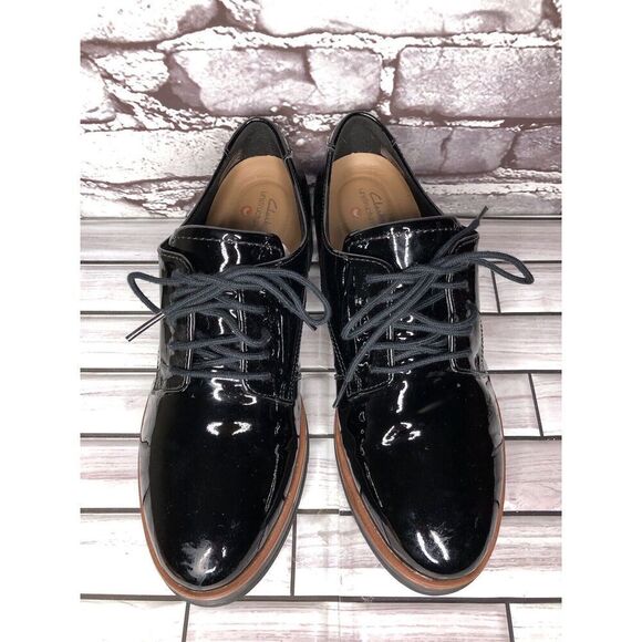 Clarks Unstructured Black Patent Leather Platform Lace Shoes Women Sz 8M US/39EU - Picture 11 of 16